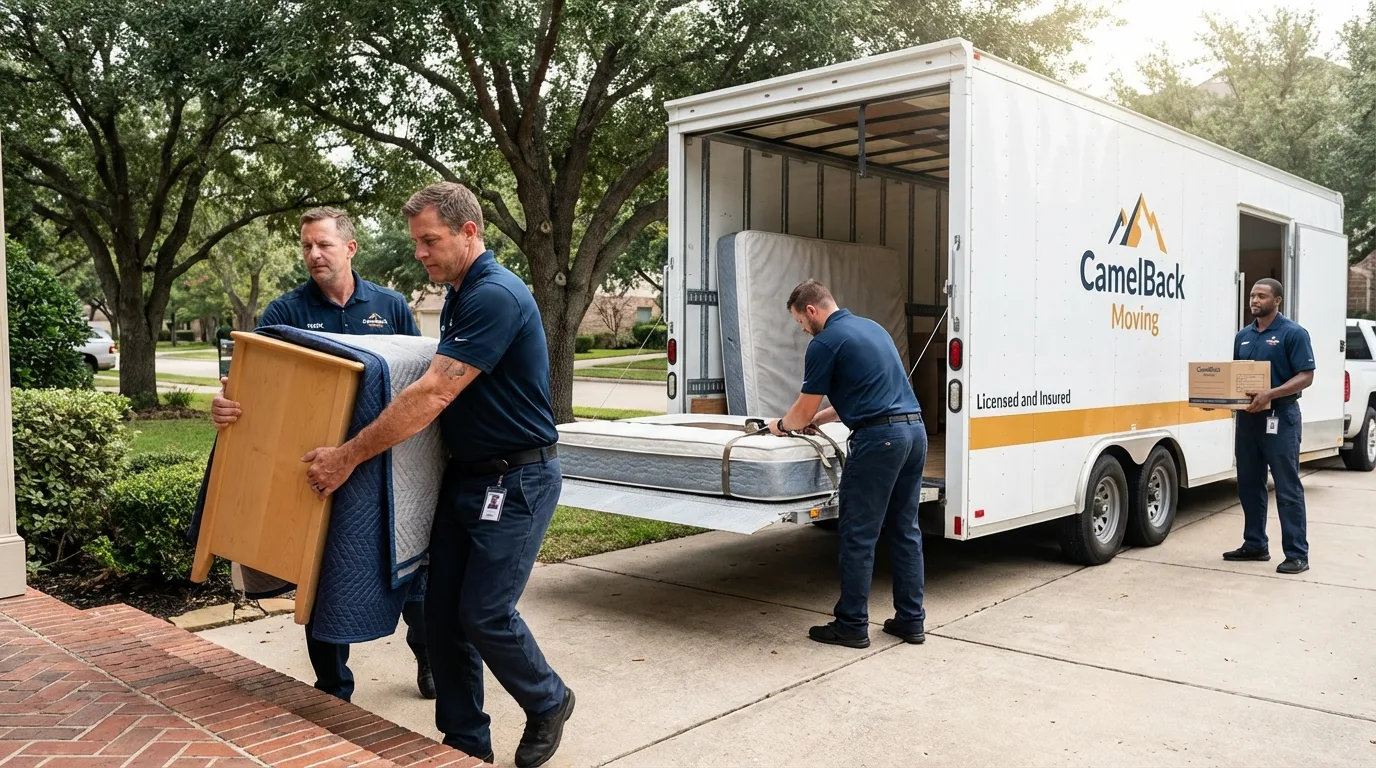 Crew loading residential truck for cross-state move from Pleasanton, TX