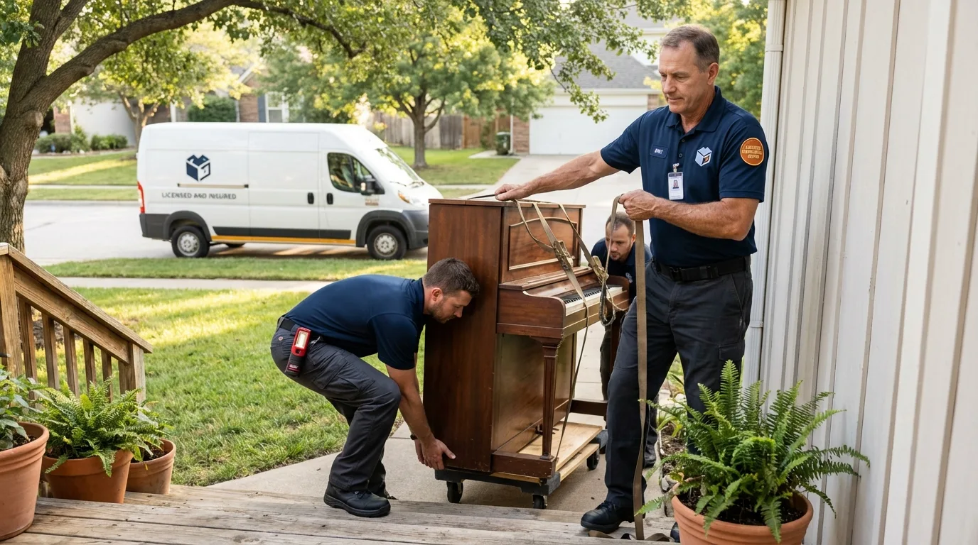 Licensed piano movers securing grand piano in Pleasanton, TX